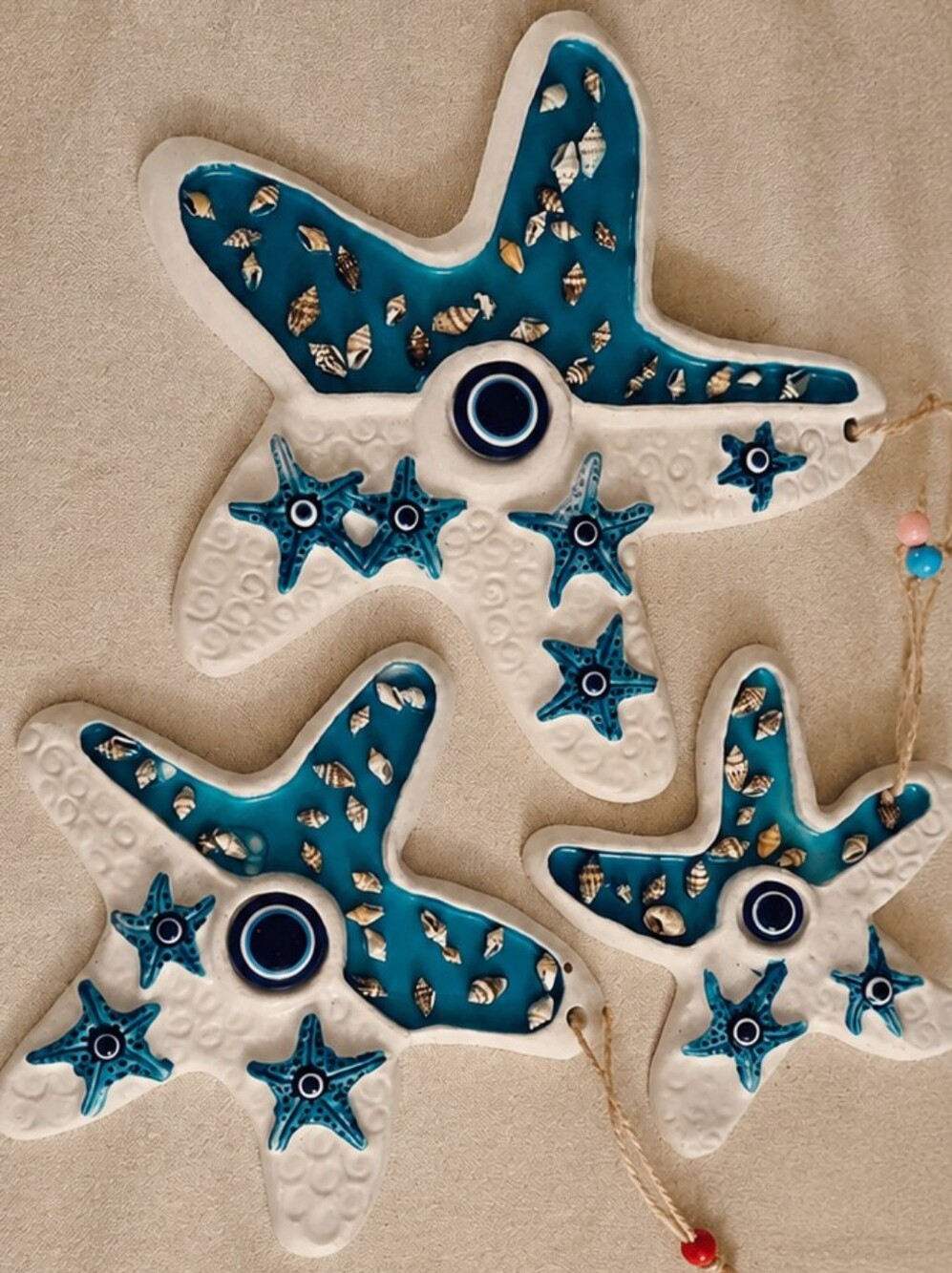 Handmade Turquoise & White Starfish Ceramic Wall Hanging - Nautical Decor
